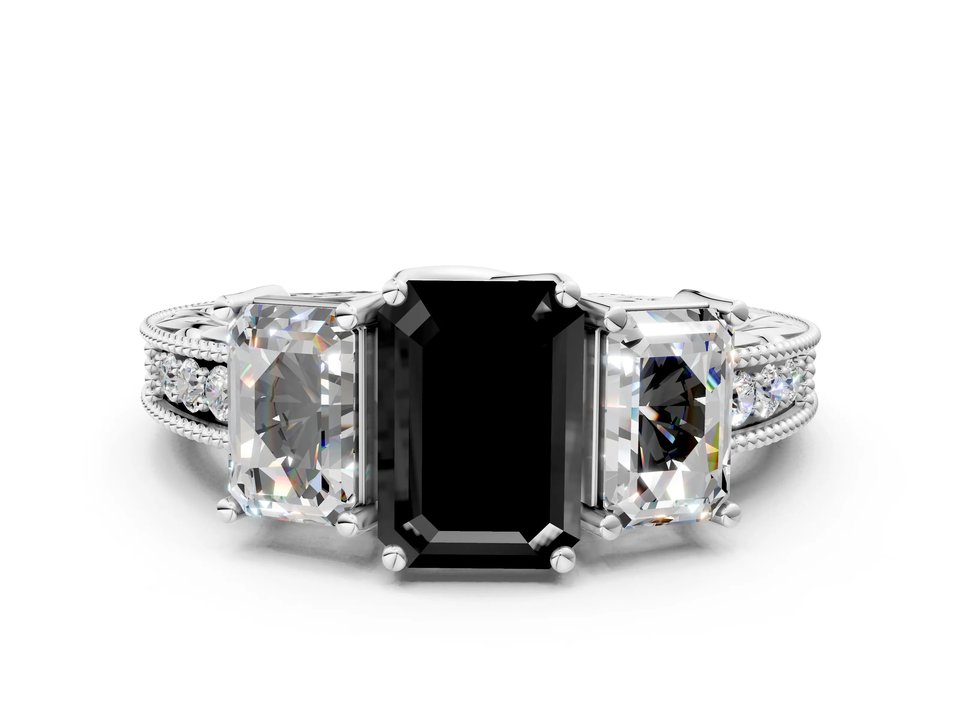 White gold Three-Stone Fancy Black Emerald Cut Cut Milgrain Pavé Engagement Ring