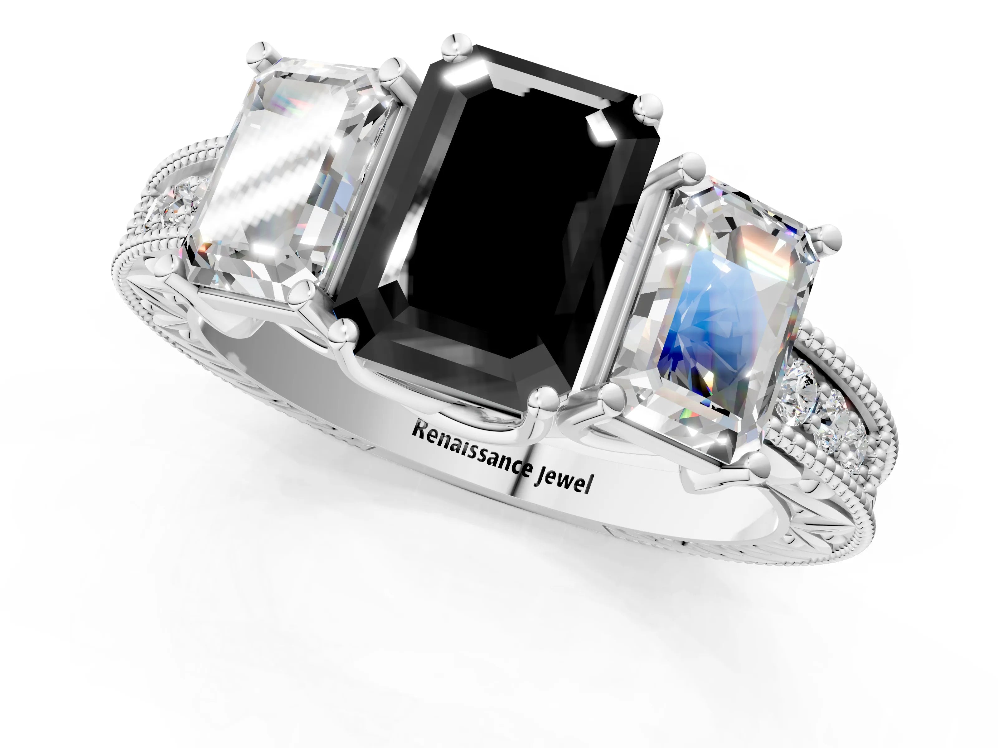 White gold Three-Stone Fancy Black Emerald Cut Cut Milgrain Pavé Engagement Ring_1
