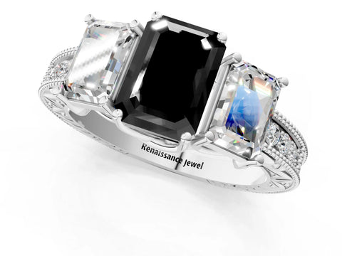 White gold Three-Stone Fancy Black Emerald Cut Cut Milgrain Pavé Engagement Ring_1