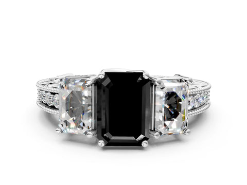 White gold Three-Stone Fancy Black Emerald Cut Cut Milgrain Pavé Engagement Ring