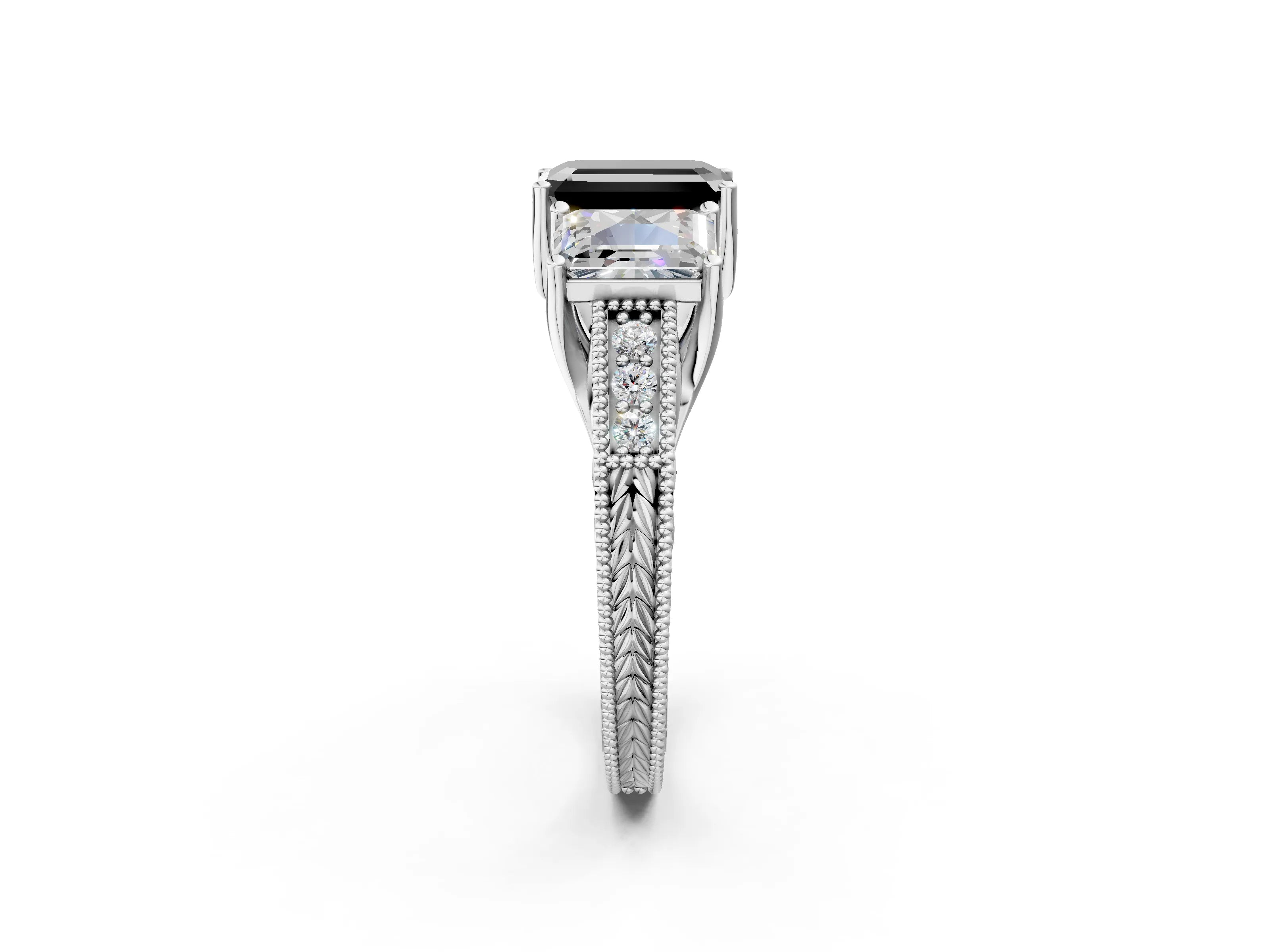 White gold Three-Stone Fancy Black Emerald Cut Cut Milgrain Pavé Engagement Ring_2