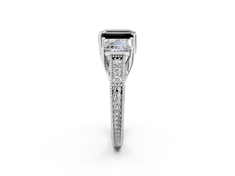 White gold Three-Stone Fancy Black Emerald Cut Cut Milgrain Pavé Engagement Ring_2
