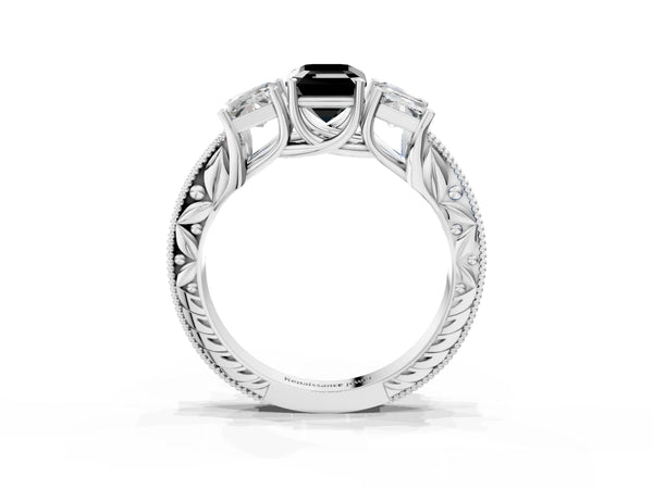 White Gold Emerald Cut Engraved Three Stone Engagement Ring Setting for Black Center