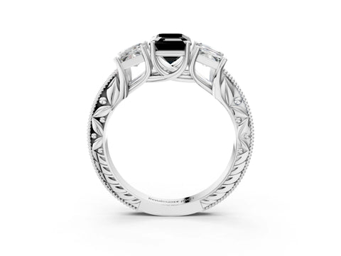 White gold Three-Stone Fancy Black Emerald Cut Cut Milgrain Pavé Engagement Ring_3