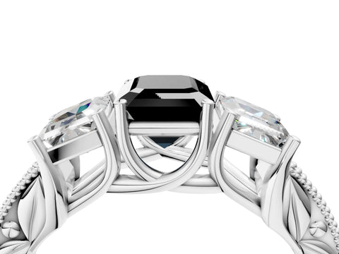 White gold Three-Stone Fancy Black Emerald Cut Cut Milgrain Pavé Engagement Ring_4