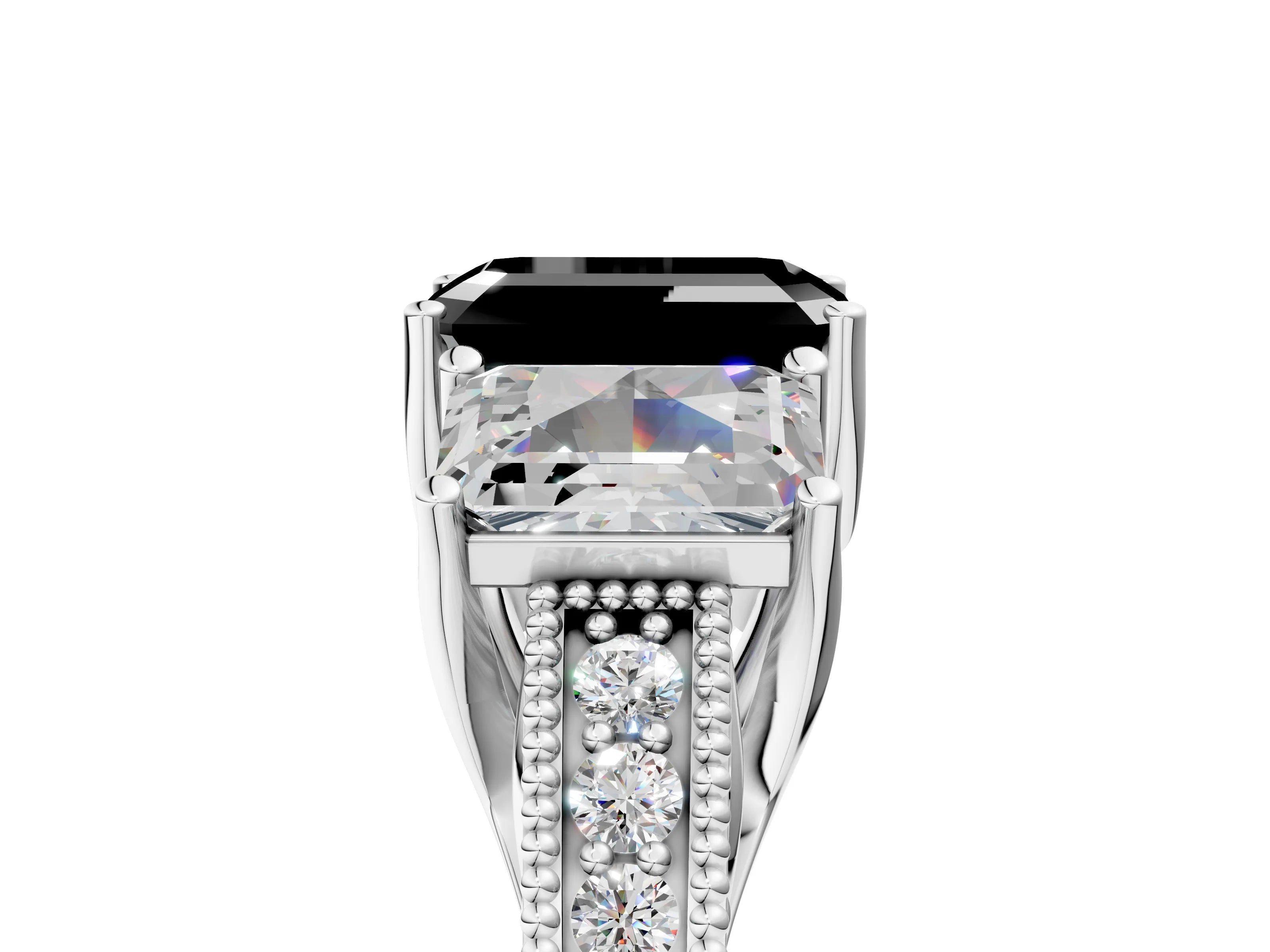 White gold Three-Stone Fancy Black Emerald Cut Cut Milgrain Pavé Engagement Ring_5