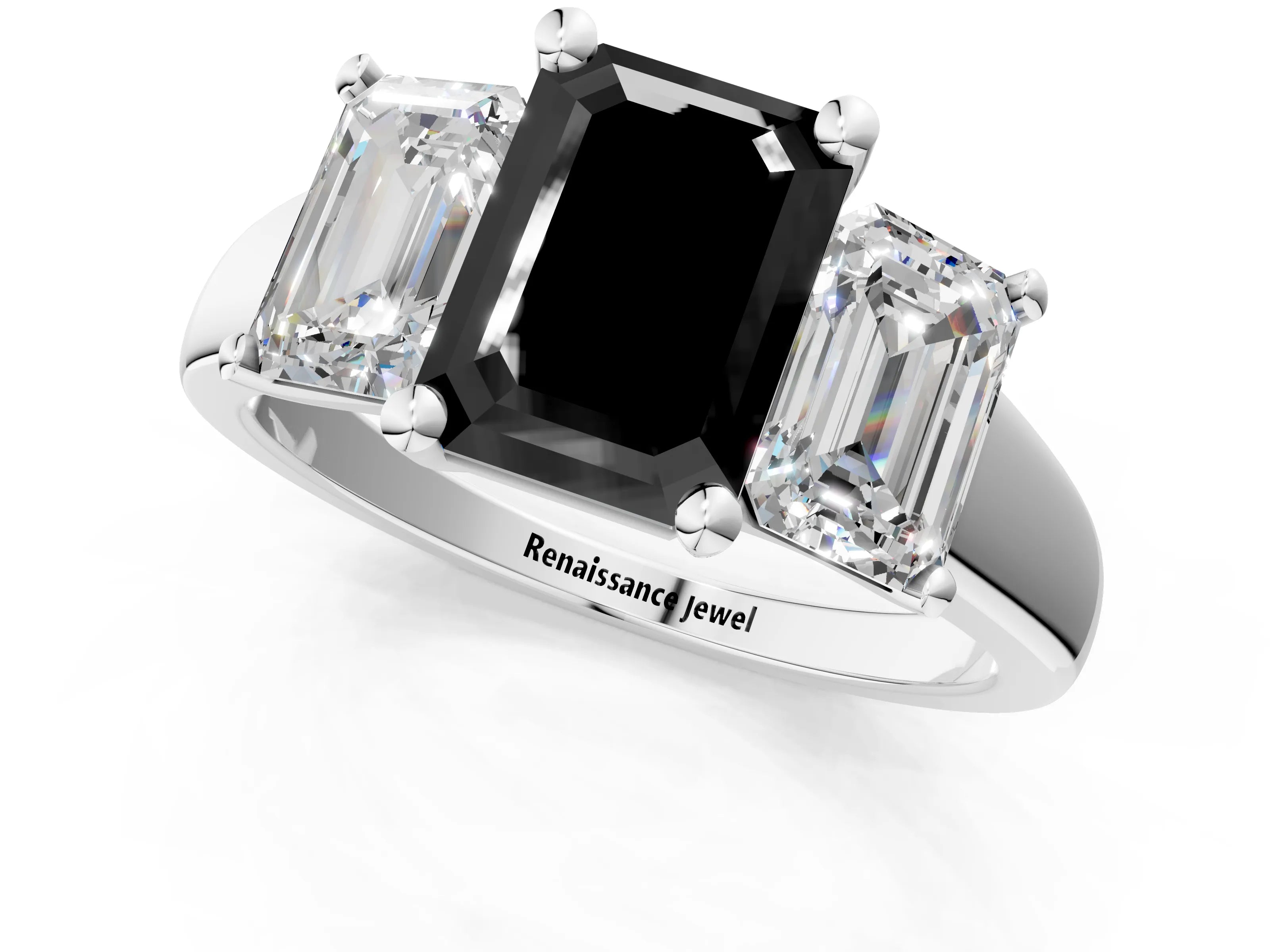 White gold Three-Stone Fancy Black Emerald Cut Cut Solitaire Ring with Classic Prong Setting_13