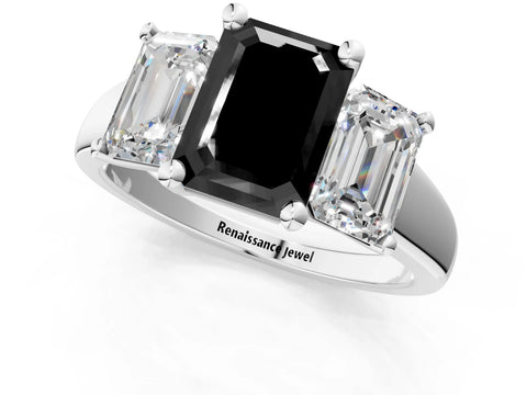 White gold Three-Stone Fancy Black Emerald Cut Cut Solitaire Ring with Classic Prong Setting_13