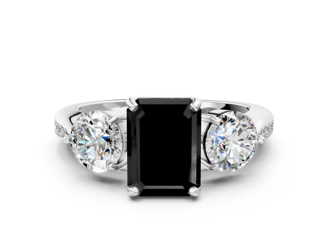 White gold Three-Stone Fancy Black Emerald Cut Diamond Channel Set Engagement Ring with Prong Setting_12