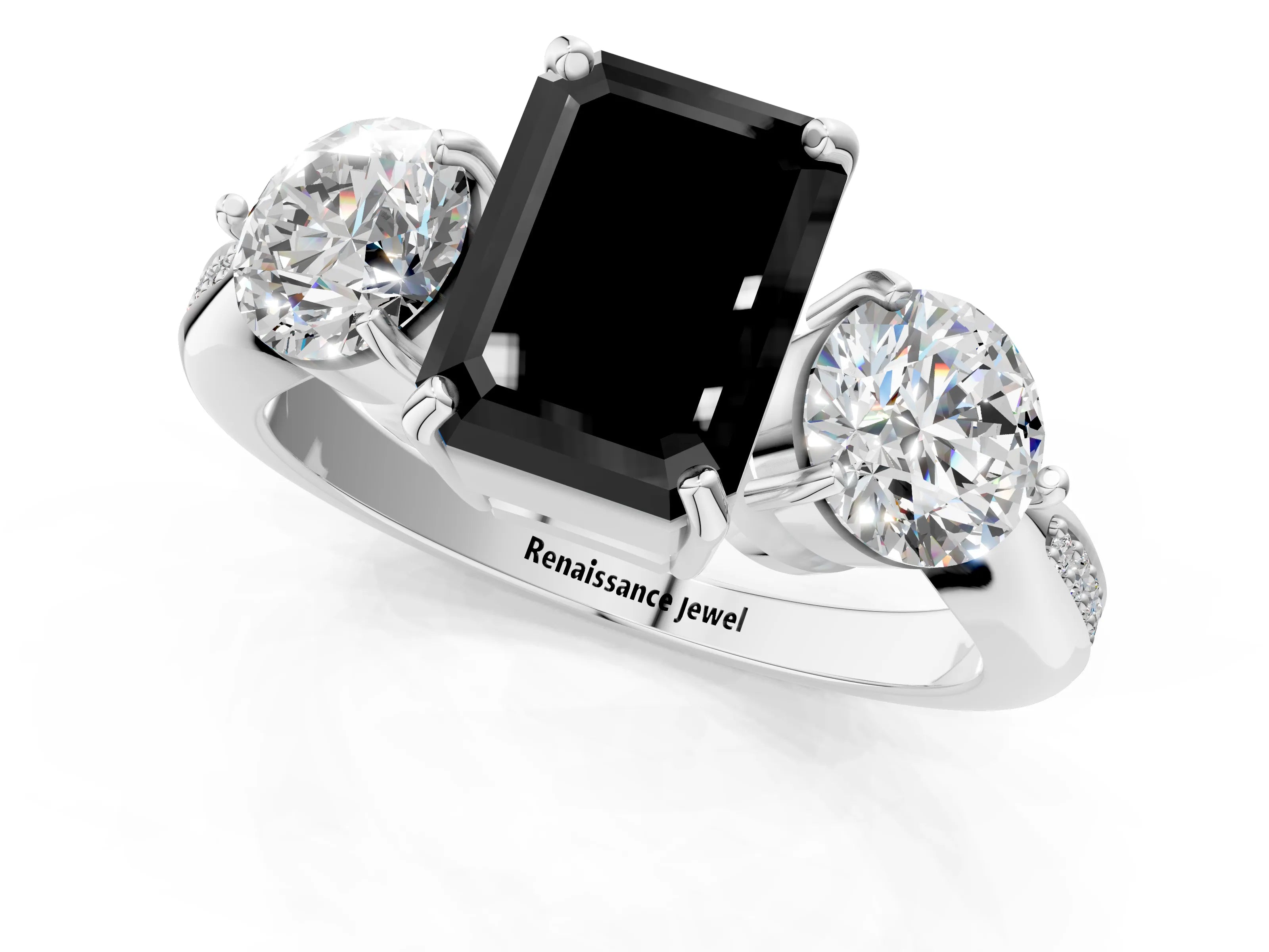 White gold Three-Stone Fancy Black Emerald Cut Diamond Channel Set Engagement Ring with Prong Setting_13
