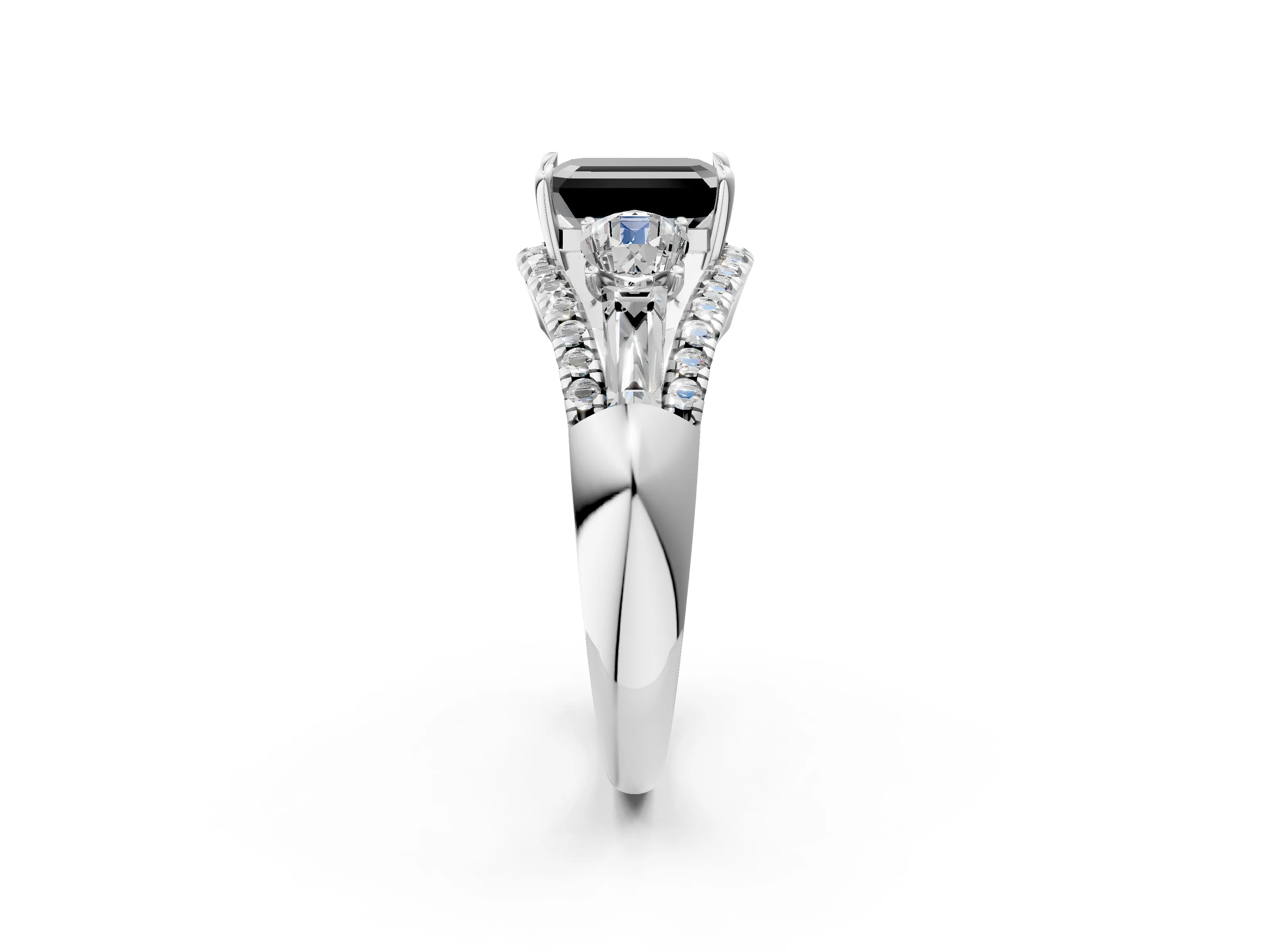 White gold Three-Stone Fancy Black Emerald Cut Diamond Engagement Ring with Pave Band and Prong Setting_17