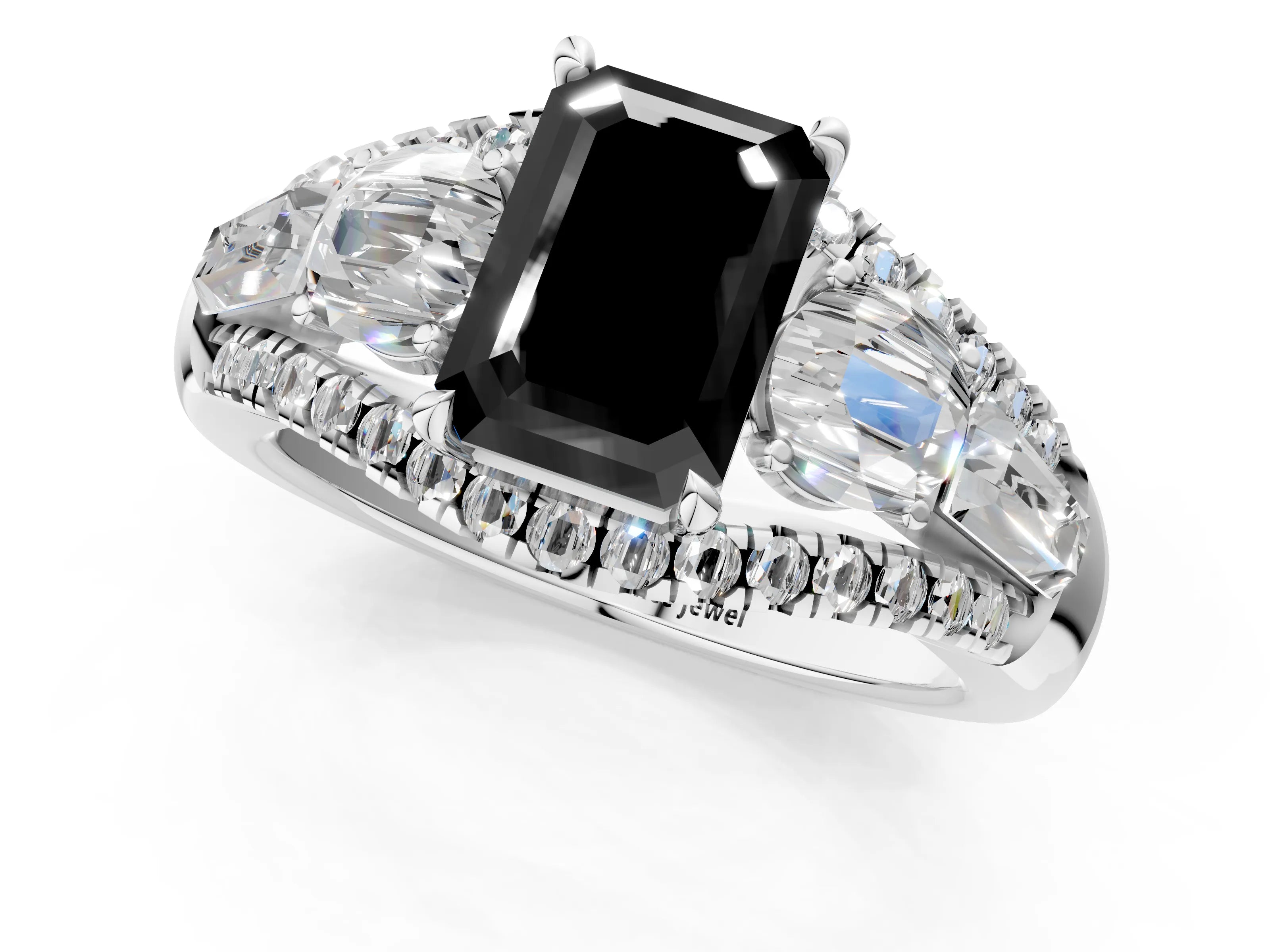 White gold Three-Stone Fancy Black Emerald Cut Diamond Engagement Ring with Pave Band and Prong Setting_19