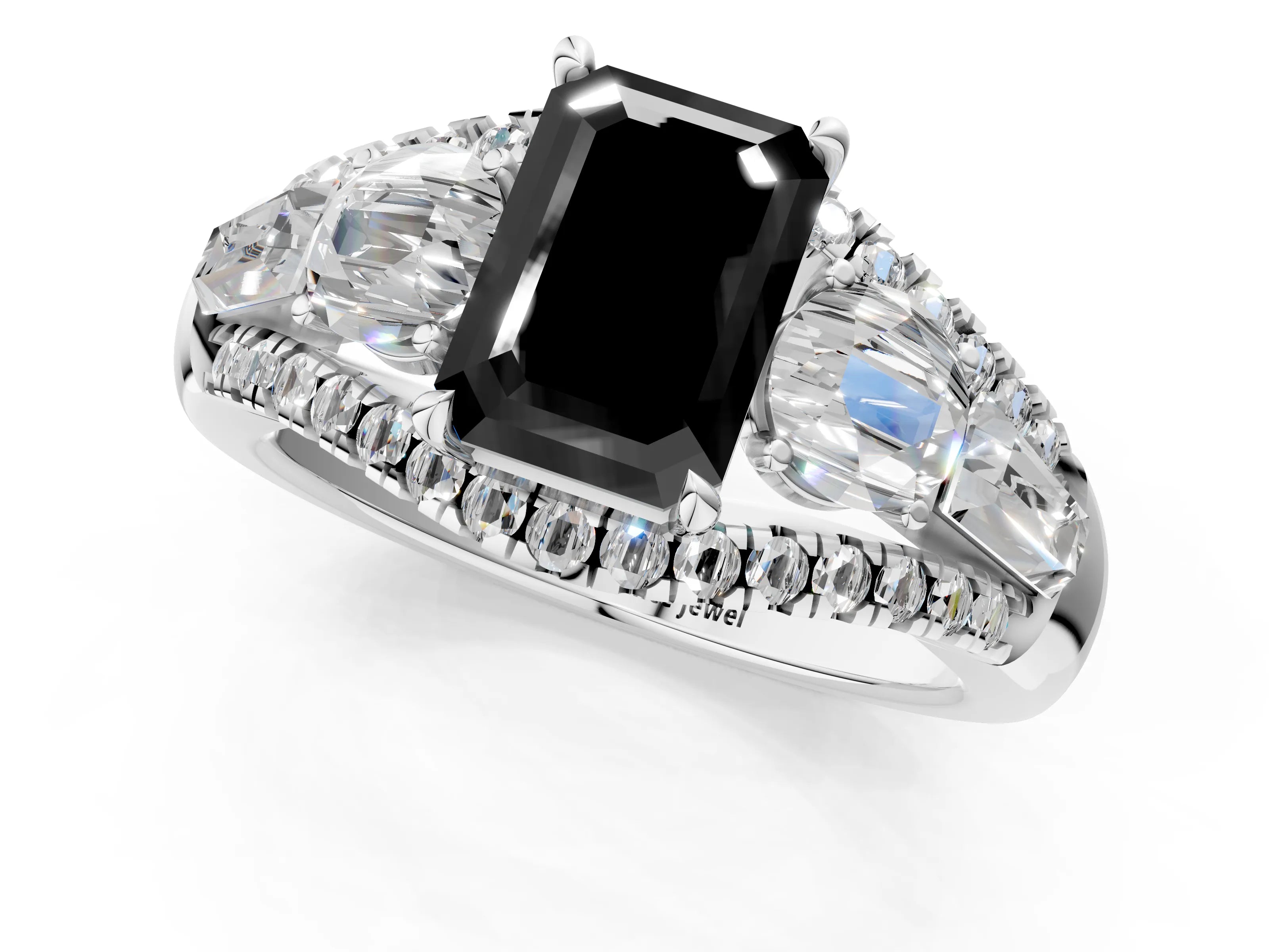 White gold Three-Stone Fancy Black Emerald Cut Diamond Engagement Ring with Pave Band and Prong Setting_25