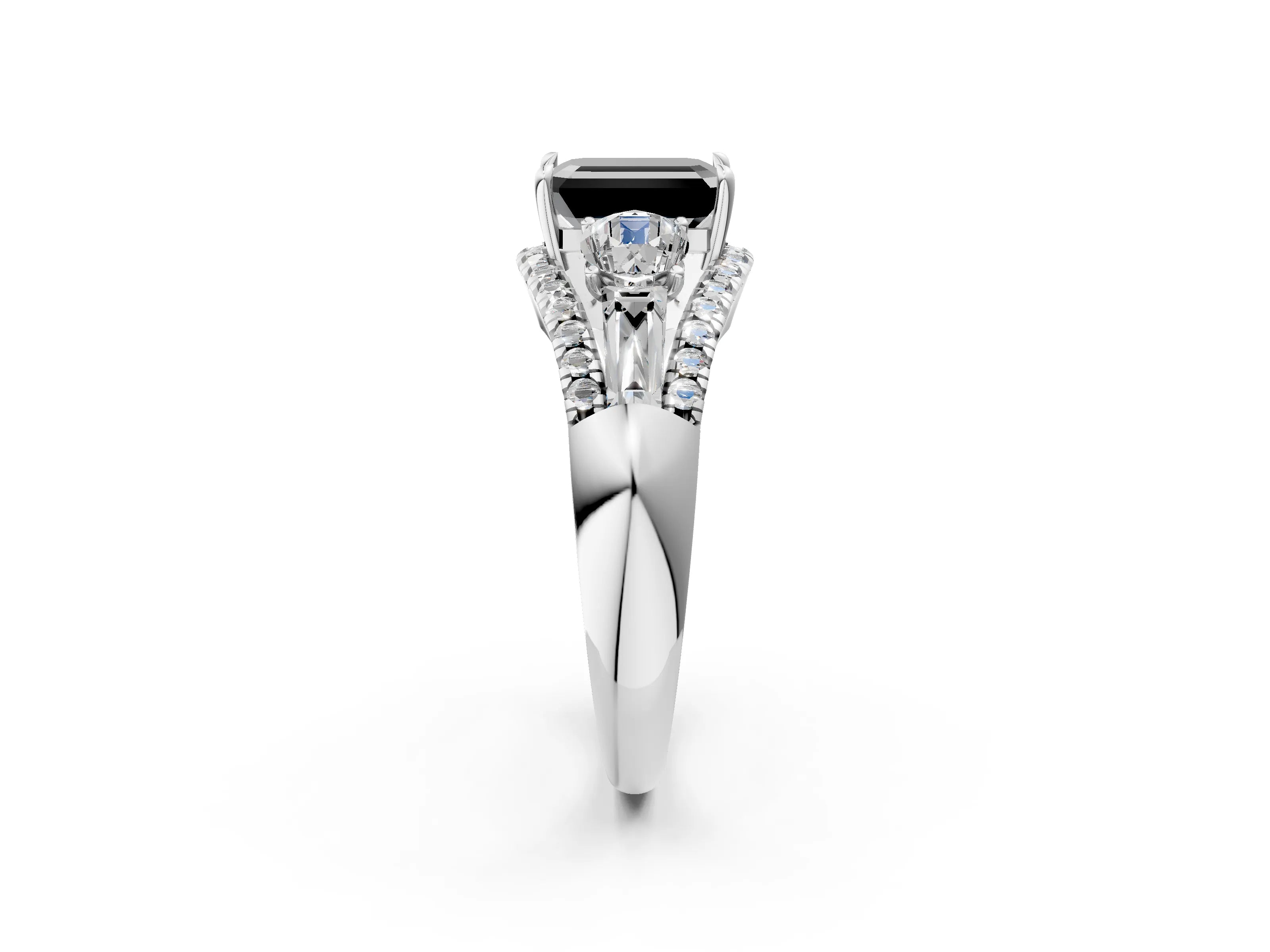White gold Three-Stone Fancy Black Emerald Cut Diamond Engagement Ring with Pave Band and Prong Setting_26