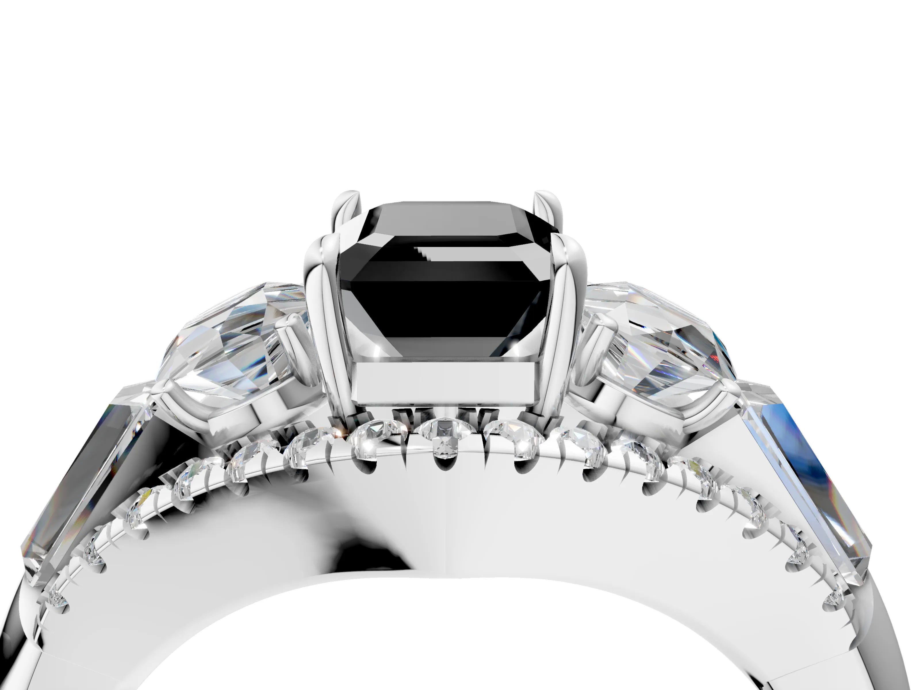 White gold Three-Stone Fancy Black Emerald Cut Diamond Engagement Ring with Pave Band and Prong Setting_28