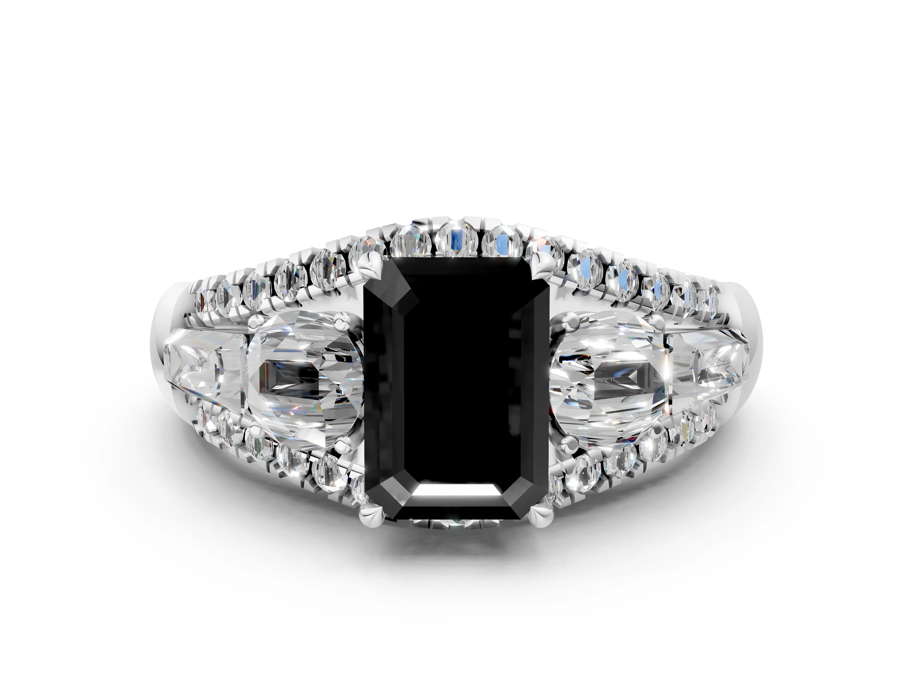 White gold Three-Stone Fancy Black Emerald Cut Diamond Engagement Ring with Pave Band and Prong Setting_34