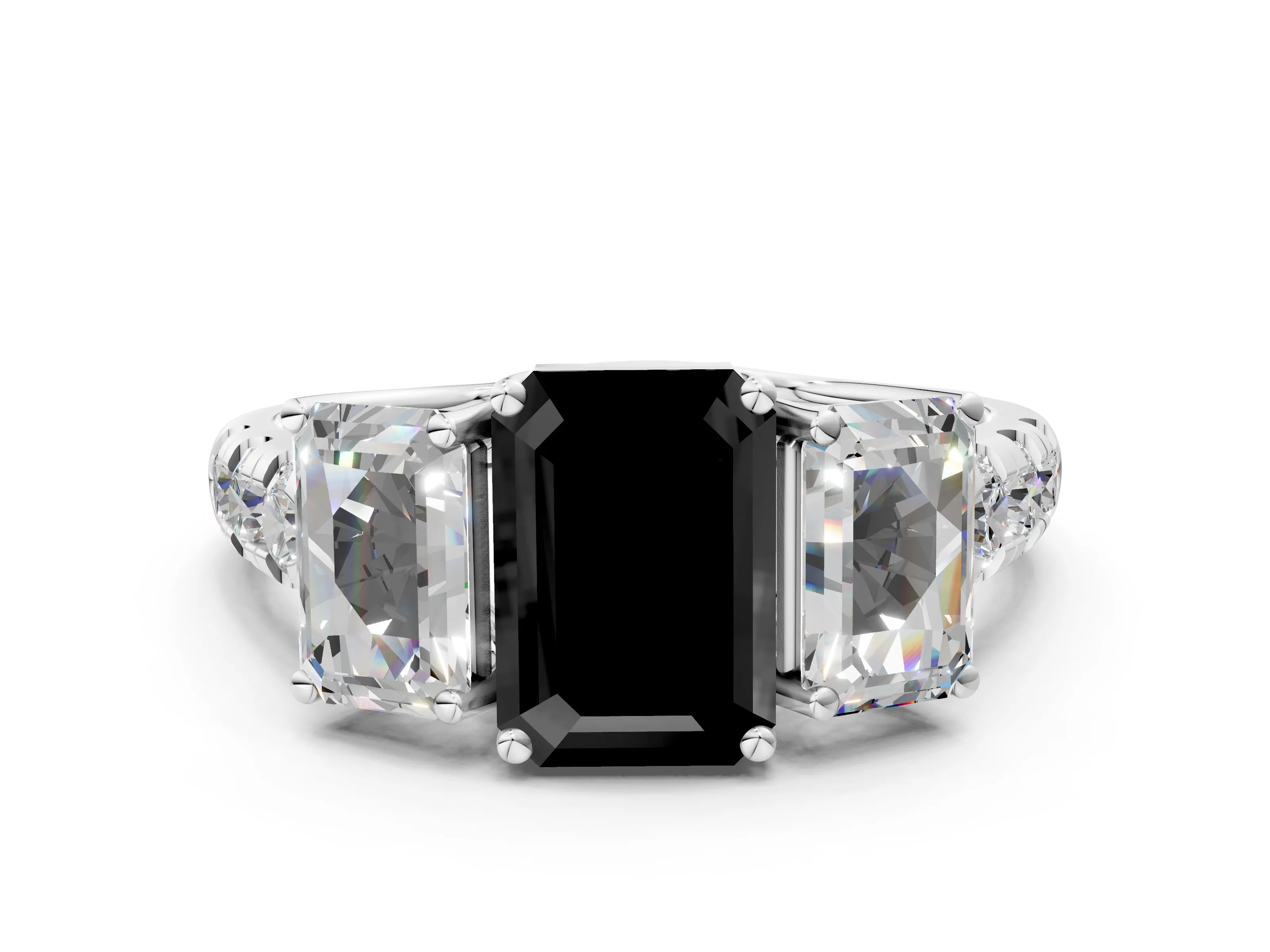 White gold Three-Stone Fancy Black Emerald Cut Diamond Pavé Band with Prong Setting