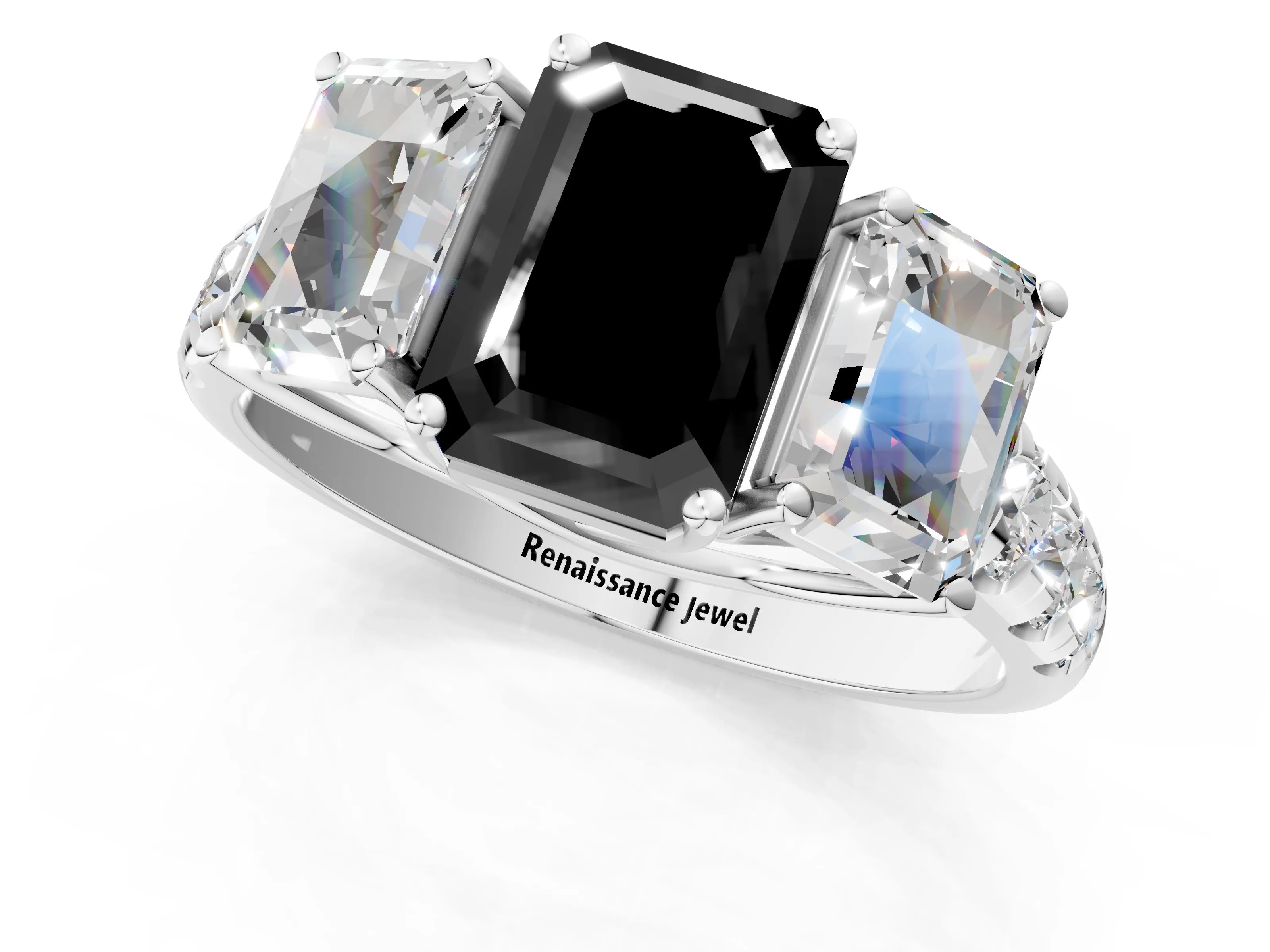 White gold Three-Stone Fancy Black Emerald Cut Diamond Pavé Band with Prong Setting_1