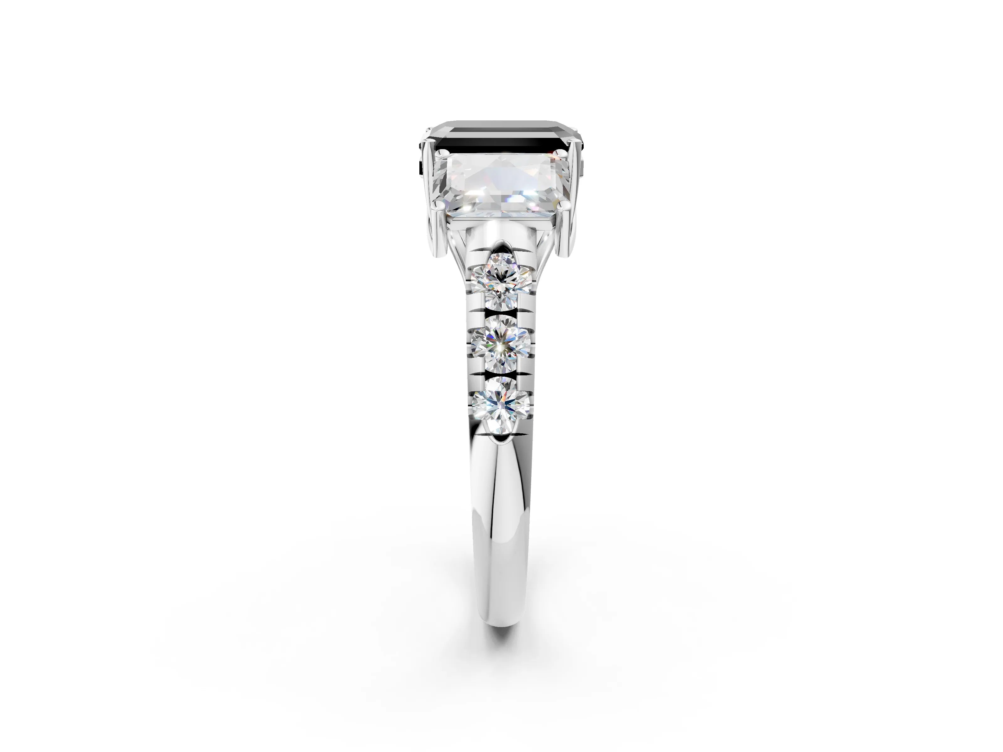 White gold Three-Stone Fancy Black Emerald Cut Diamond Pavé Band with Prong Setting_2