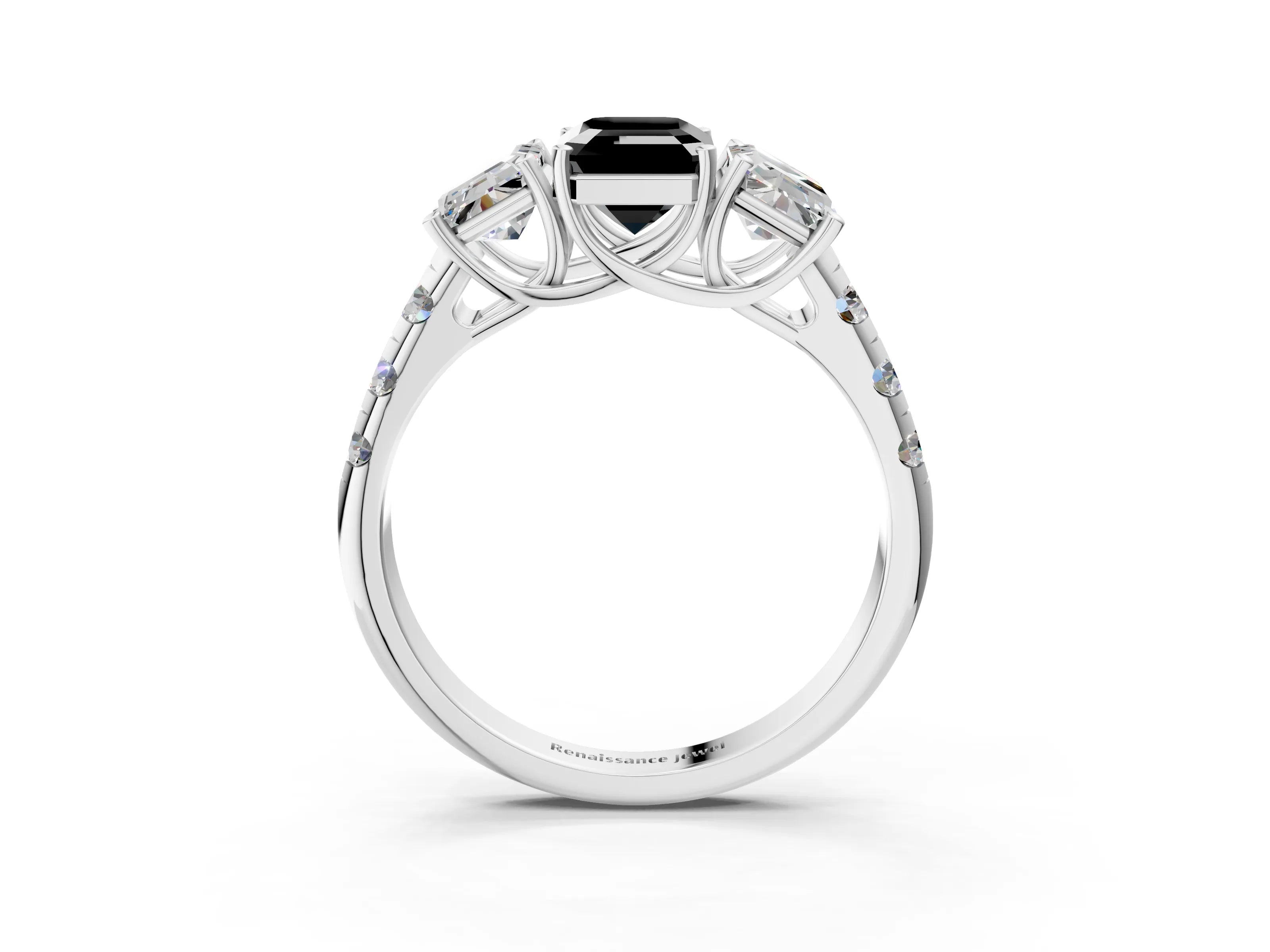 White gold Three-Stone Fancy Black Emerald Cut Diamond Pavé Band with Prong Setting_3