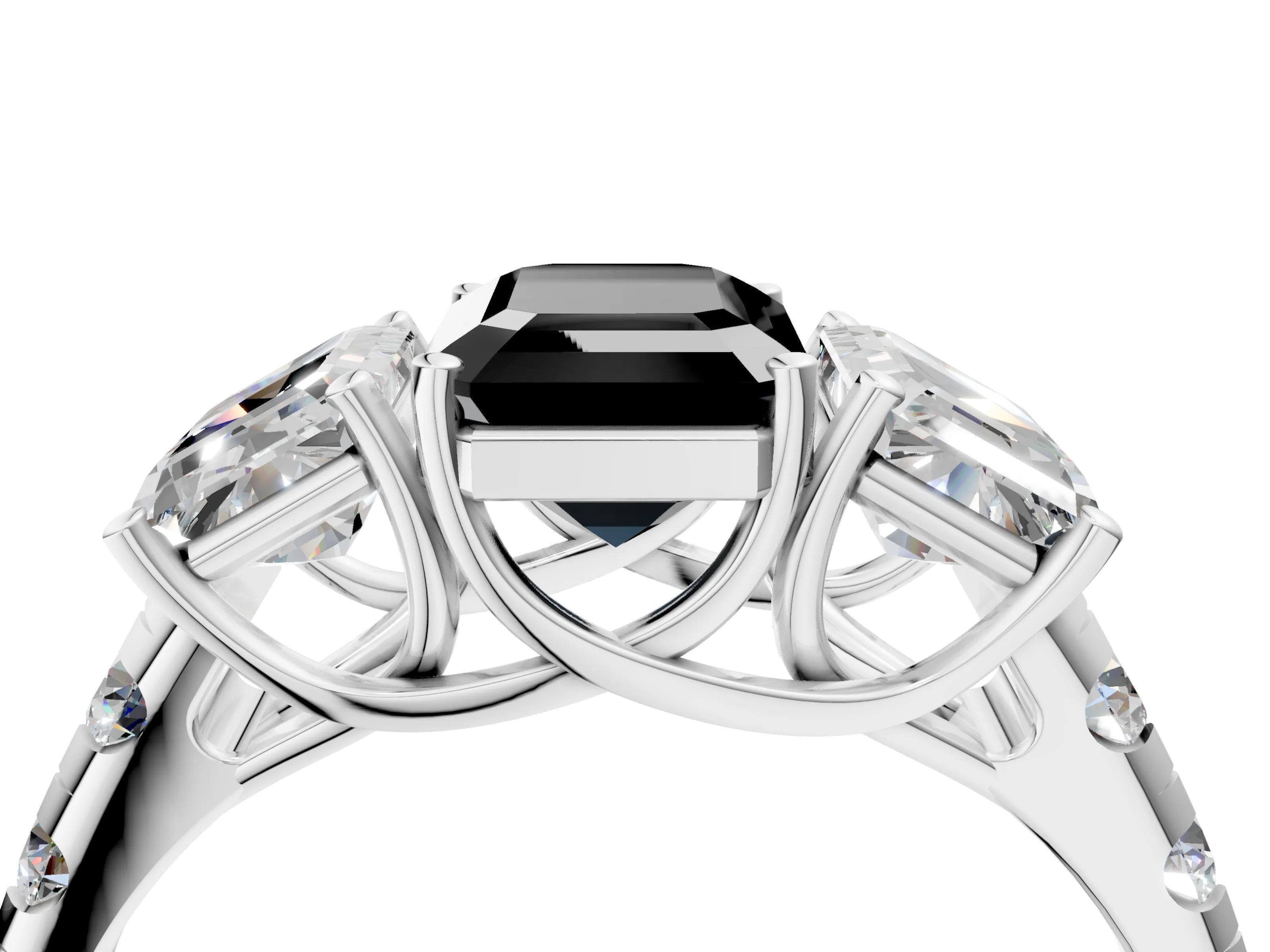 White gold Three-Stone Fancy Black Emerald Cut Diamond Pavé Band with Prong Setting_4