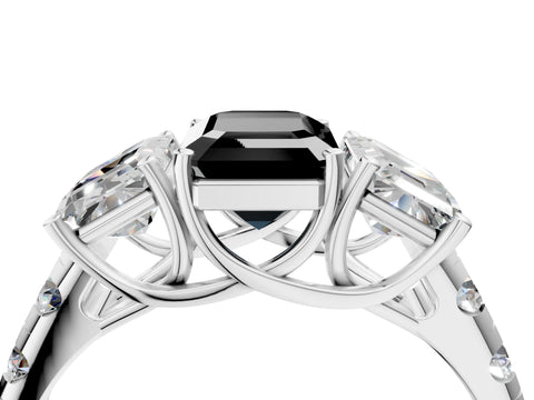 White gold Three-Stone Fancy Black Emerald Cut Diamond Pavé Band with Prong Setting_4