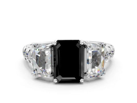White gold Three-Stone Fancy Black Emerald Cut Diamond Pavé Band with Prong Setting