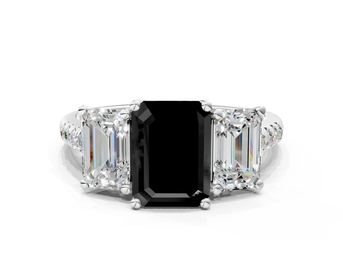 White gold Three-Stone Fancy Black Emerald Cut Diamond Ring with Pavé Band and Prong Setting_107