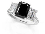 White gold Three-Stone Fancy Black Emerald Cut Diamond Ring with Pavé Band and Prong Setting_109