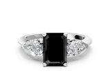 White gold Three-Stone Fancy Black Emerald Cut Diamond Ring with Pear Side Stones and Four-Prong Setting
