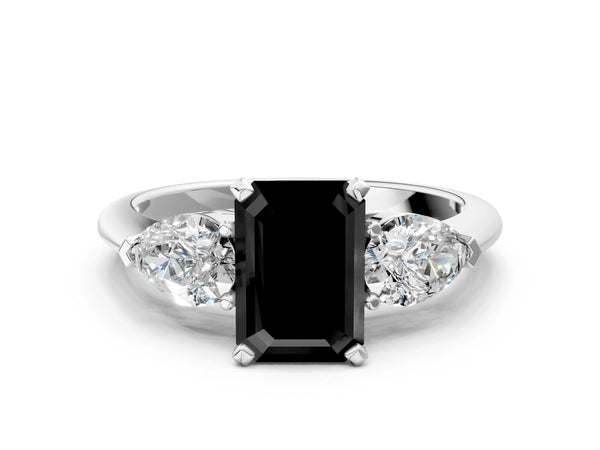 White Gold Emerald Cut Three Stone Engagement Ring Setting for Black Center with Pear Side Stones