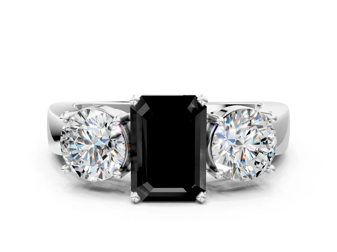 White gold Three-Stone Fancy Black Emerald Cut Diamond Ring with Round Side Stones, Classic Band, and Four-Prong Setting