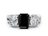 White gold Three-Stone Fancy Black Emerald Cut Diamond Ring with Round Side Stones, Classic Band, and Four-Prong Setting