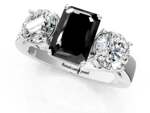 White gold Three-Stone Fancy Black Emerald Cut Diamond Ring with Round Side Stones, Classic Band, and Four-Prong Setting_1