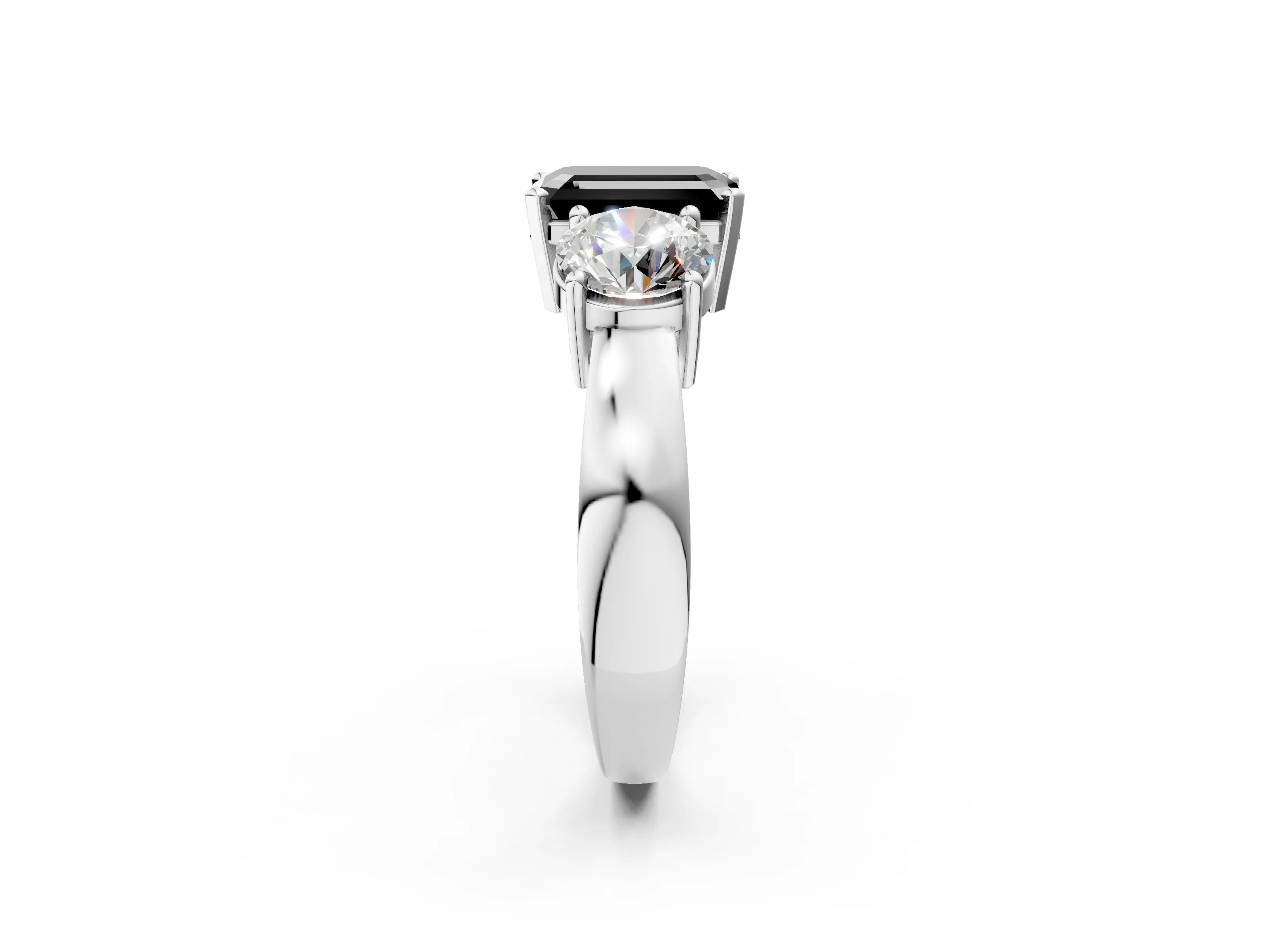 White gold Three-Stone Fancy Black Emerald Cut Diamond Ring with Round Side Stones, Classic Band, and Four-Prong Setting_2