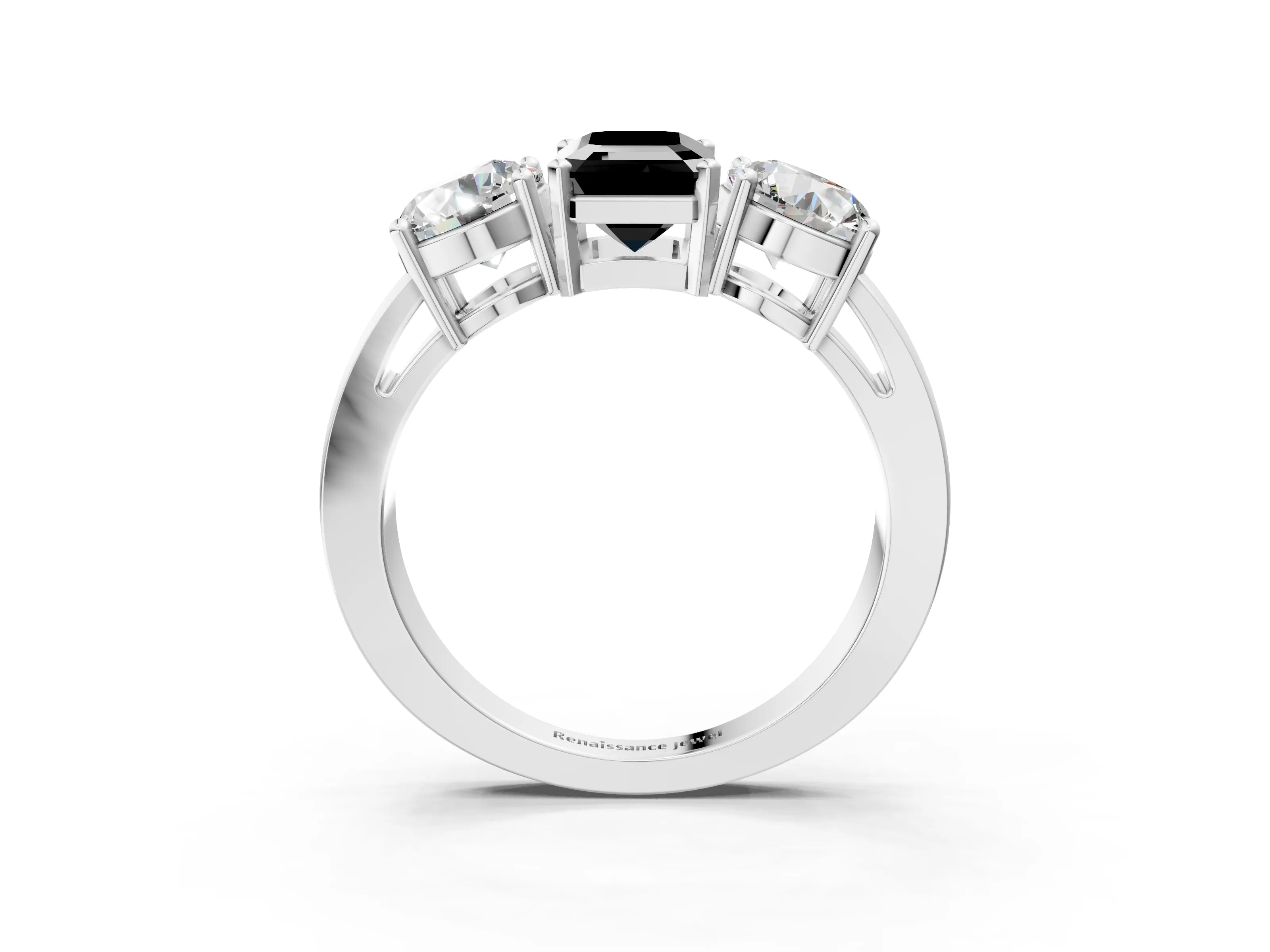 White gold Three-Stone Fancy Black Emerald Cut Diamond Ring with Round Side Stones, Classic Band, and Four-Prong Setting_3