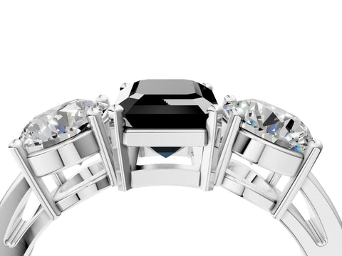 White gold Three-Stone Fancy Black Emerald Cut Diamond Ring with Round Side Stones, Classic Band, and Four-Prong Setting_4