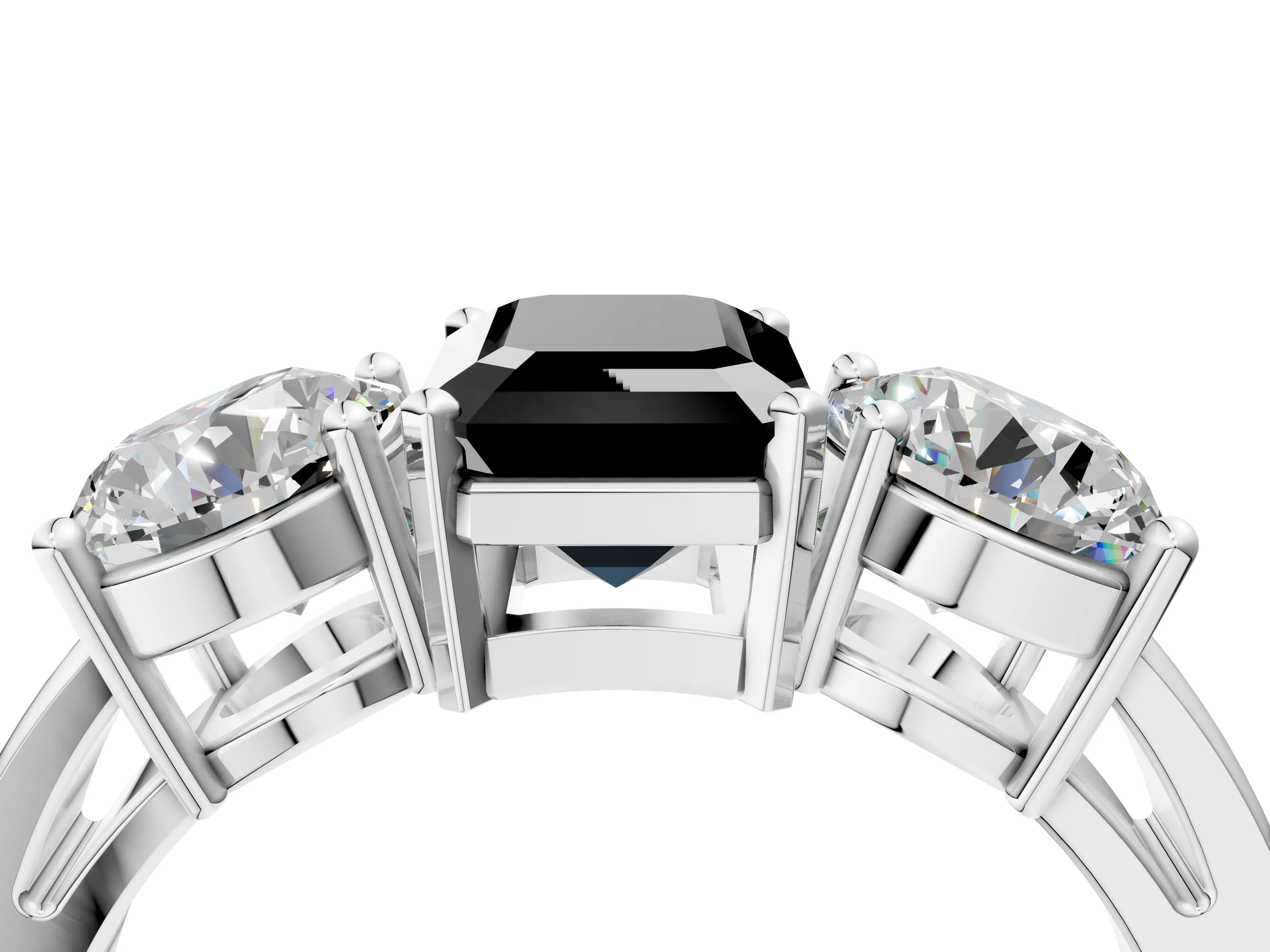 White gold Three-Stone Fancy Black Emerald Cut Diamond Ring with Round Side Stones, Classic Band, and Four-Prong Setting_4