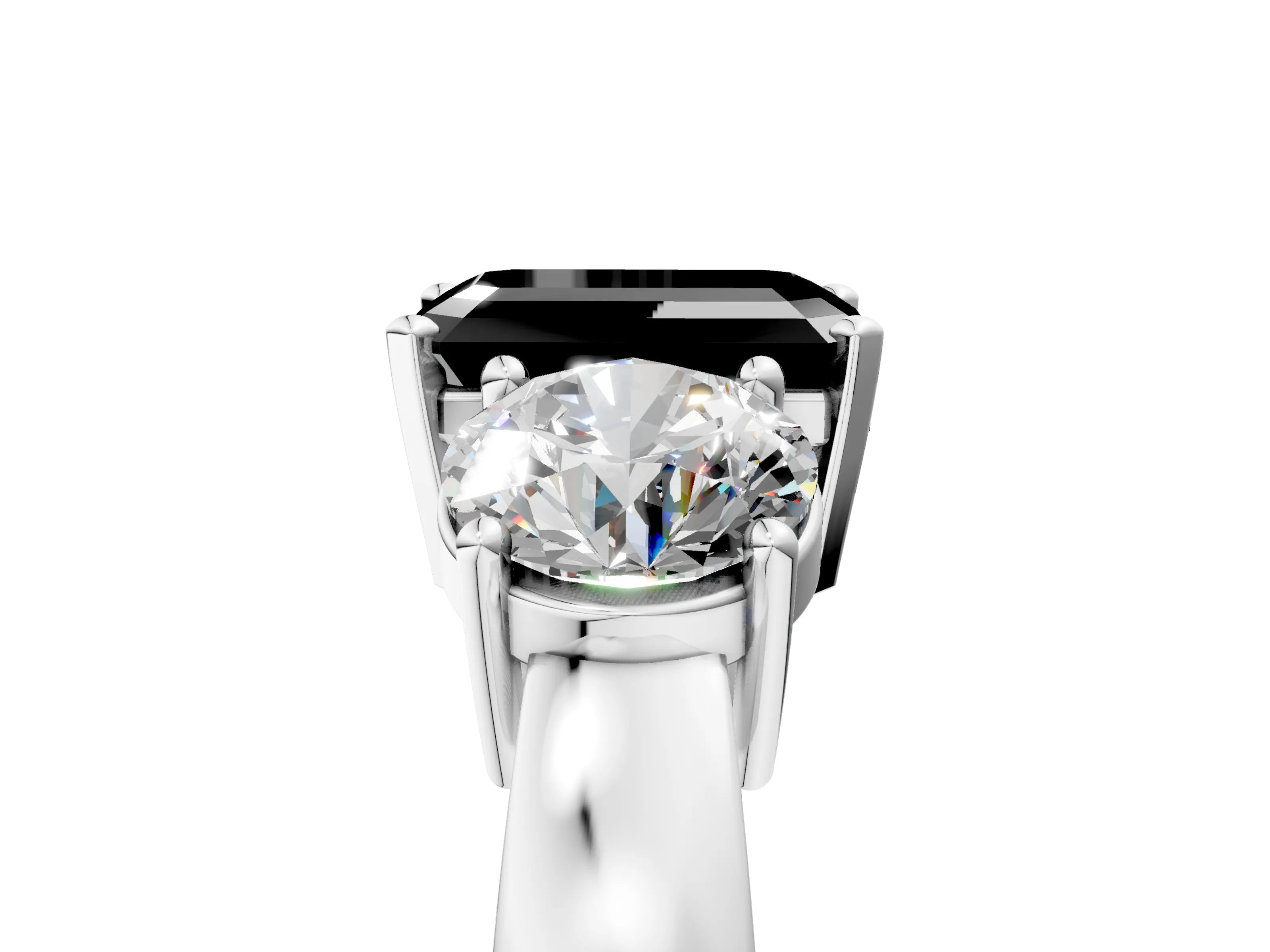 White gold Three-Stone Fancy Black Emerald Cut Diamond Ring with Round Side Stones, Classic Band, and Four-Prong Setting_5