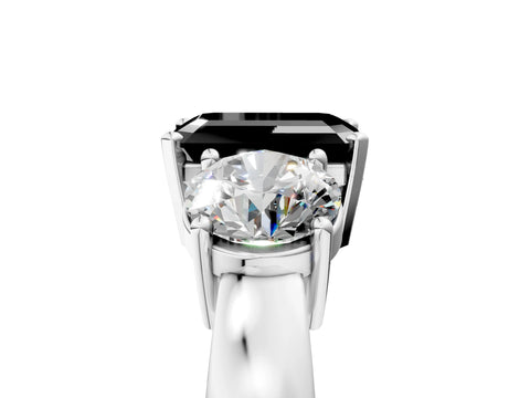 White gold Three-Stone Fancy Black Emerald Cut Diamond Ring with Round Side Stones, Classic Band, and Four-Prong Setting_5