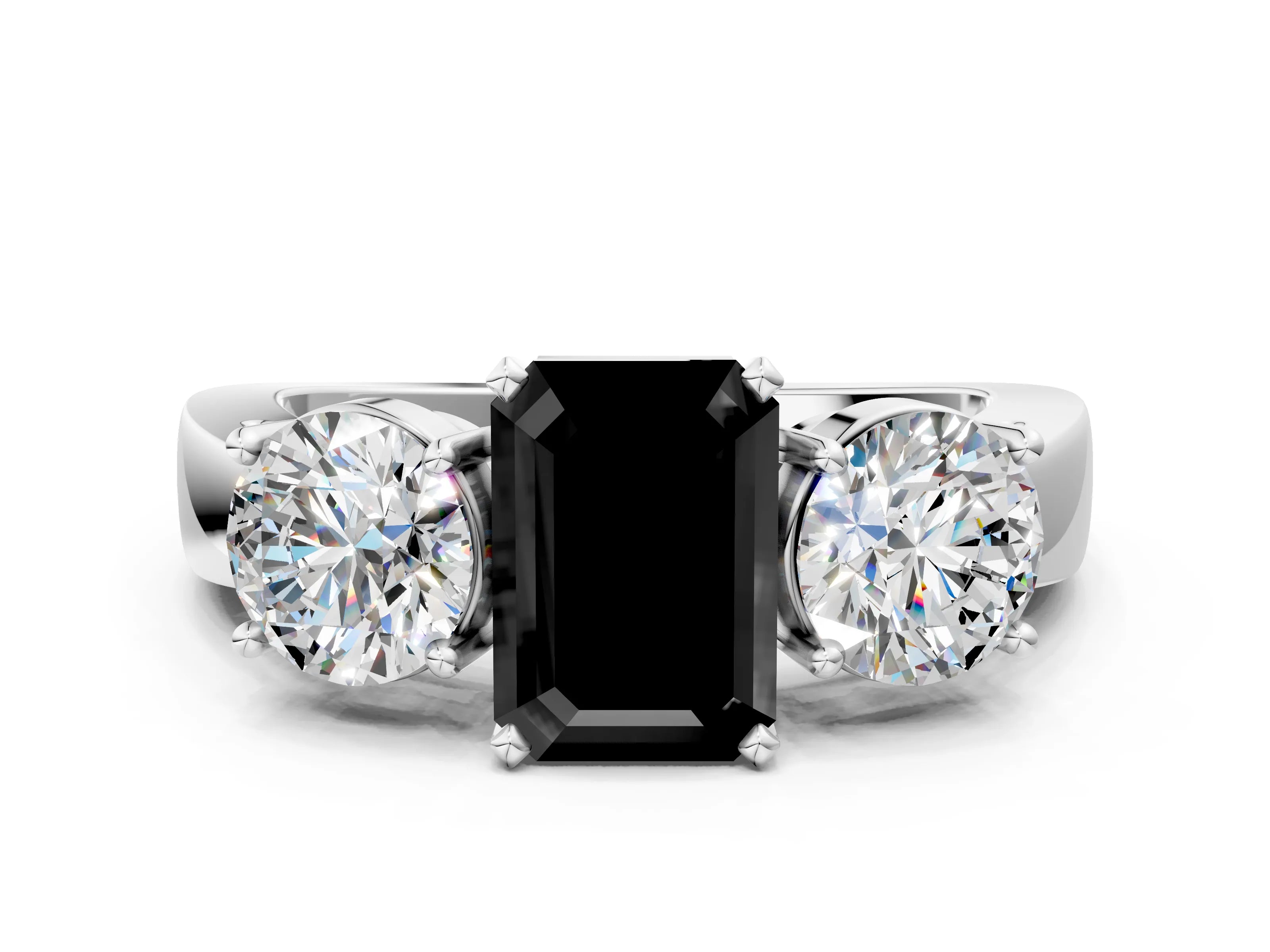 White gold Three-Stone Fancy Black Emerald Cut Diamond Ring with Round Side Stones, Classic Band, and Four-Prong Setting