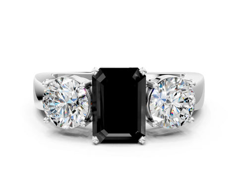White gold Three-Stone Fancy Black Emerald Cut Diamond Ring with Round Side Stones, Classic Band, and Four-Prong Setting