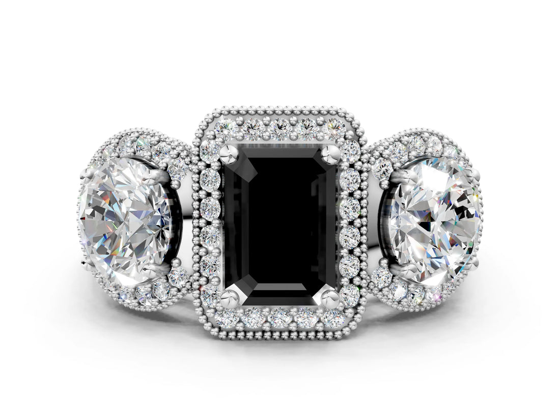 White gold Three-Stone Fancy Black Emerald Cut Halo Diamond Milgrain Band with Four-Prong Setting