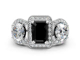 White gold Three-Stone Fancy Black Emerald Cut Halo Diamond Milgrain Band with Four-Prong Setting