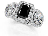 White gold Three-Stone Fancy Black Emerald Cut Halo Diamond Milgrain Band with Four-Prong Setting_1