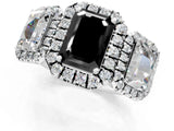 White gold Three-Stone Fancy Black Emerald Cut Halo Diamond Ring with Pave Band and Four-Prong Setting_1