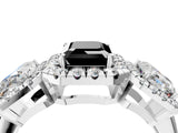 White gold Three-Stone Fancy Black Emerald Cut Halo Diamond Ring with Pave Band and Four-Prong Setting_4