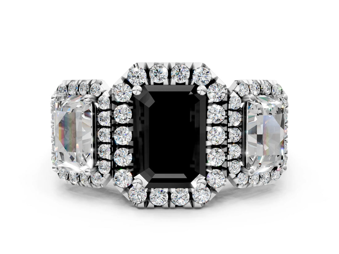 White gold Three-Stone Fancy Black Emerald Cut Halo Diamond Ring with Pave Band and Four-Prong Setting
