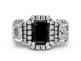 White gold Three-Stone Fancy Black Emerald Cut Halo Diamond Ring with Pave Band and Four-Prong Setting