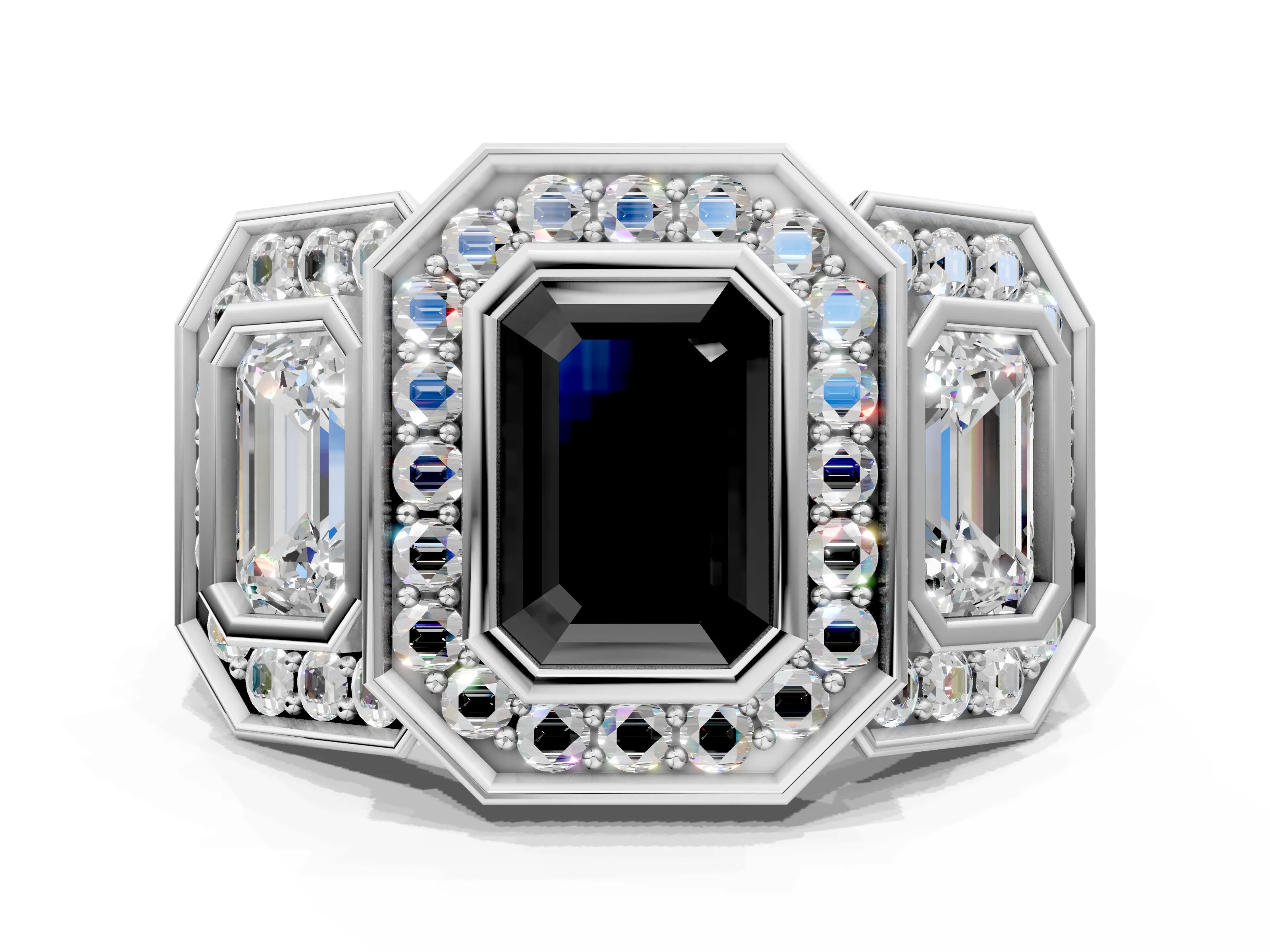 White gold Three-Stone Fancy Black Emerald Cut Halo Pavé Diamond Ring
